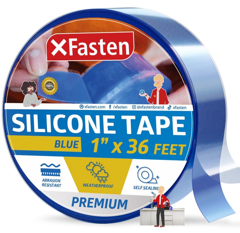 XFasten Self Fusing Silicone Tape Waterproof â€“ 1" x 36 Feet Blue, Self Amalgamating Tape, Silicone Rubber for Plumbing, Sealing Pipes, Hose Repair, Outdoor Coax and Electrical Cables â€“ Weatherproof - Image 1